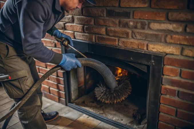 Chimney professional working beside a residential chimney
