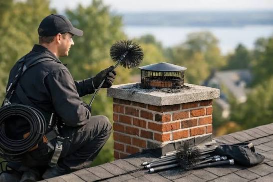 Chimney sweep working safely on a residential rooftop